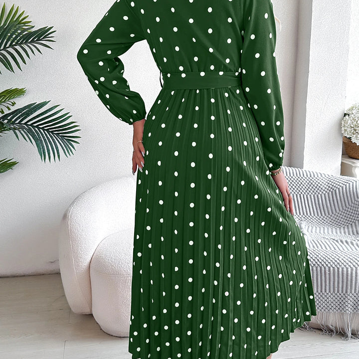 Elegant Surplice Neck Polka Dot Pleated Dress - Long Sleeve Belted