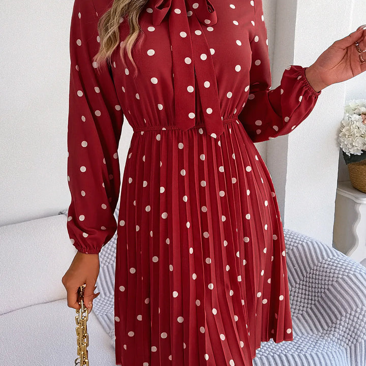 Casual Tie-neck Polka-dot Print Cinched Waist Pleat Dress For Women