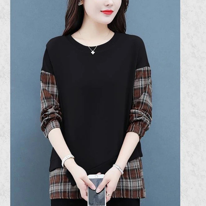 Autumn Plaid Sweatshirt - Casual Round Neck Long Sleeve Patchwork Top