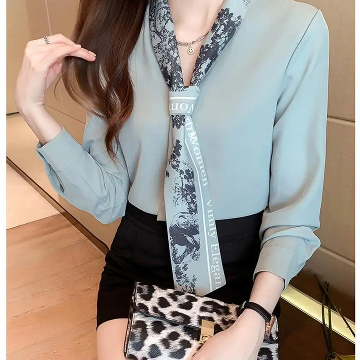 Spring Autumn Scarf Collar Shirt - Elegant Long Sleeve Office Blouse