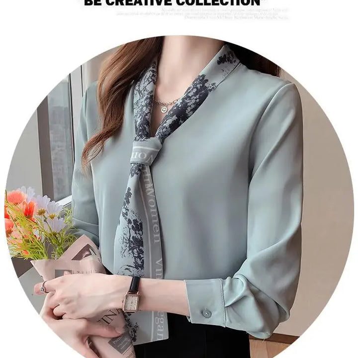 Spring Autumn Scarf Collar Shirt - Elegant Long Sleeve Office Blouse