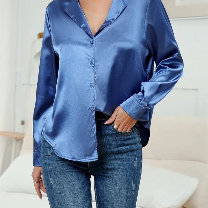 Casual Suit Collar Button Front Long sleeved Solid Color Satin Shirt For Women Blouse