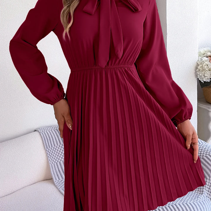 Casual Tie Front Mock Neck Long Sleeve Pleated Dress For Spring & Fall