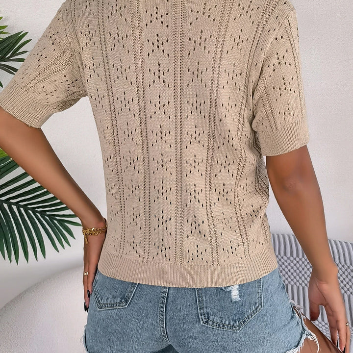 Casual Round Neck Hollow Out Short Sleeve Knitted Blouse