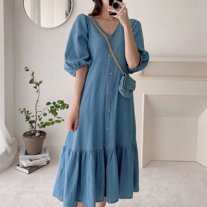 ZANZEA Oversized Denim Maxi Dress - Puff Sleeve Retro Baggy Summer Sundress