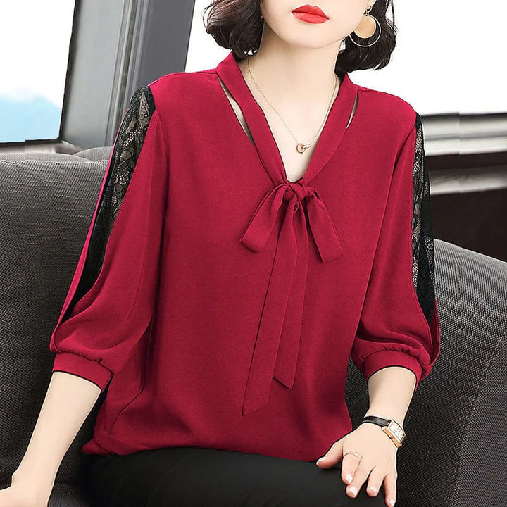 Women’s Spring Summer Blouse - Casual Bow Tie Collar Lace Sleeve Top