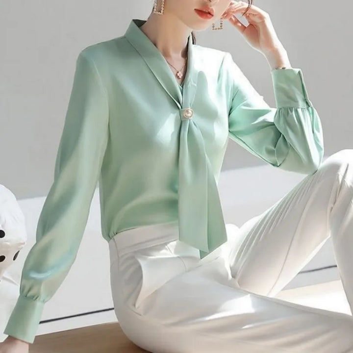 Women's Spring Bow Tie Blouse - Casual Long Sleeve Shirt