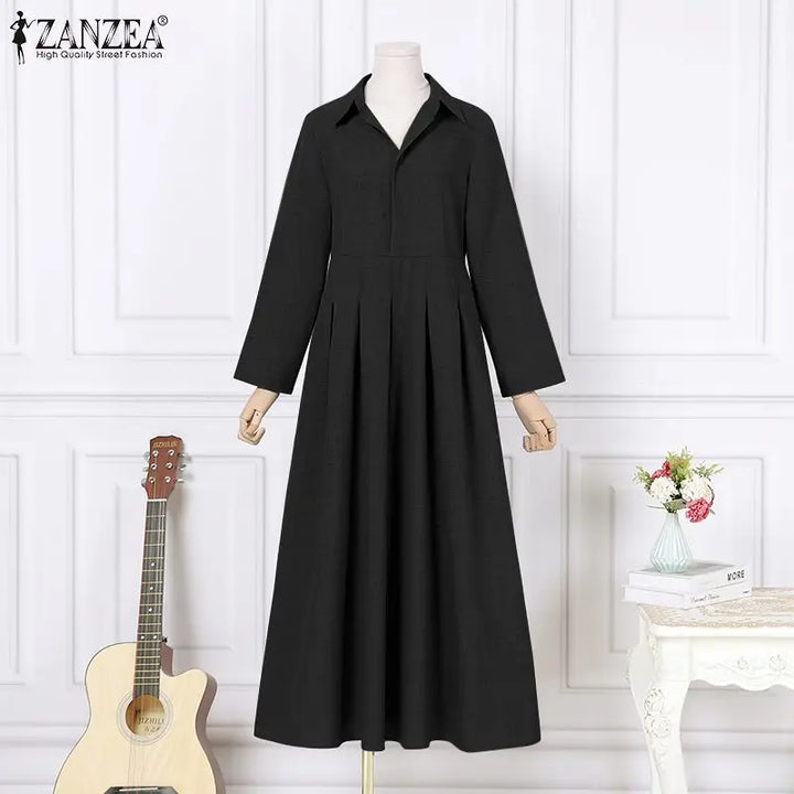 ZANZEA Spring Office Maxi Dress - Casual Oversized Lapel A-line Long Sleeve Dress