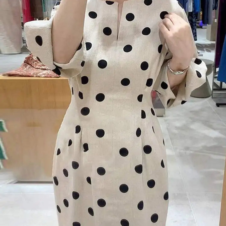 ZANZEA Dots Print V-Neck Midi Dress, slim fit with 3/4 sleeves and pockets