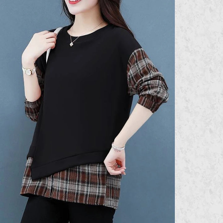 Autumn Plaid Sweatshirt - Casual Round Neck Long Sleeve Patchwork Top