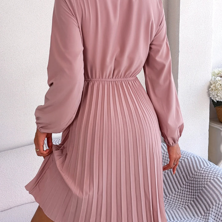 Casual Tie Front Mock Neck Long Sleeve Pleated Dress For Spring & Fall