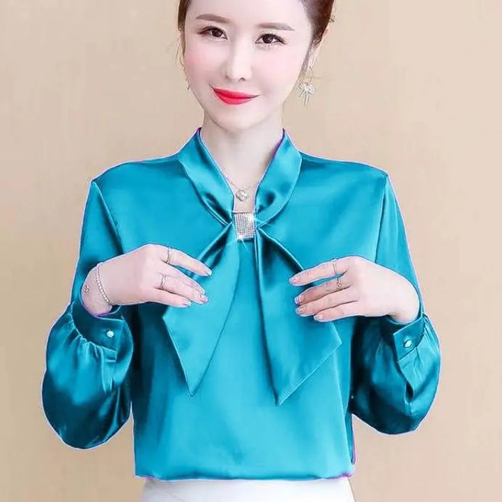 Spring & Summer Satin Shirt - Korean Fashion Bow V-Neck Long Sleeve Top