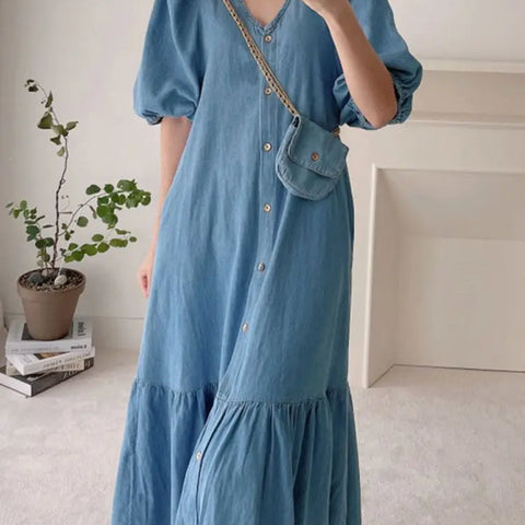 ZANZEA Oversized Denim Maxi Dress - Puff Sleeve Retro Baggy Summer Sundress