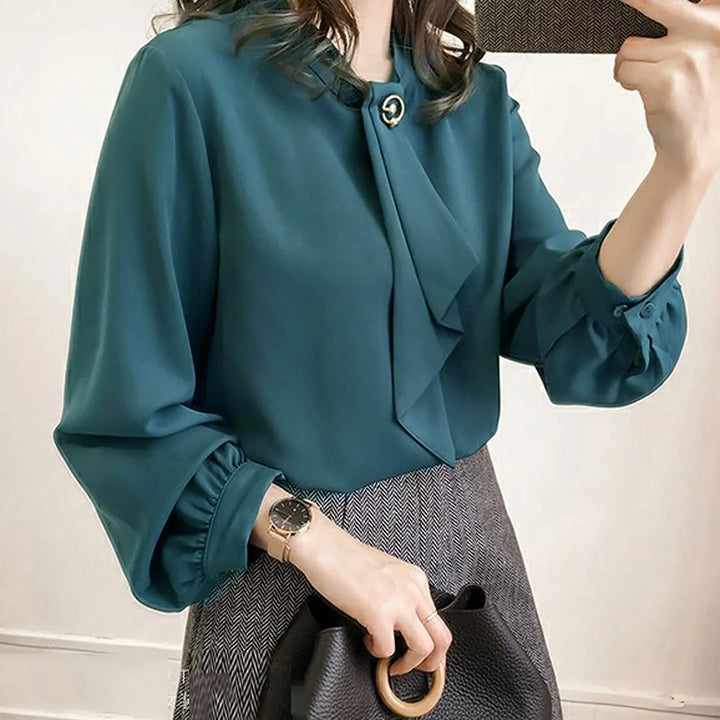 Elegant Lantern Sleeve Blouse - Round Neck Chiffon Office Lady Top