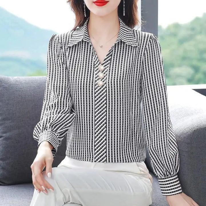 Striped Print Fashion Blouse - Elegant Office Lady Long Sleeve Shirt