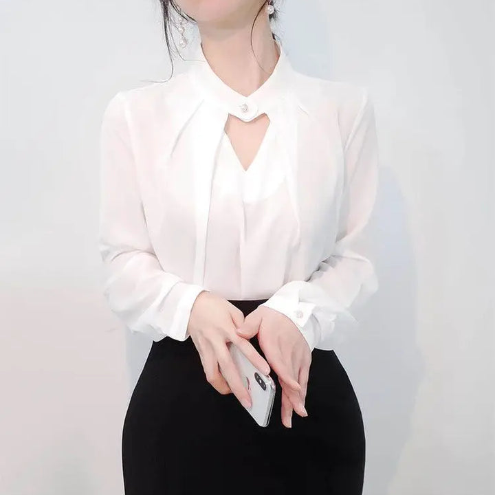 olid Chiffon Blouse - Slim Long Sleeve Hollow Sexy Spring Summer Top