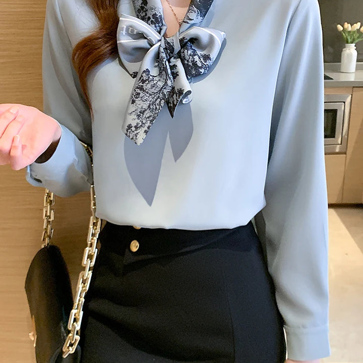 Elegant Autumn Bow Chiffon Blouse - Loose Fit Office Lady Shirt