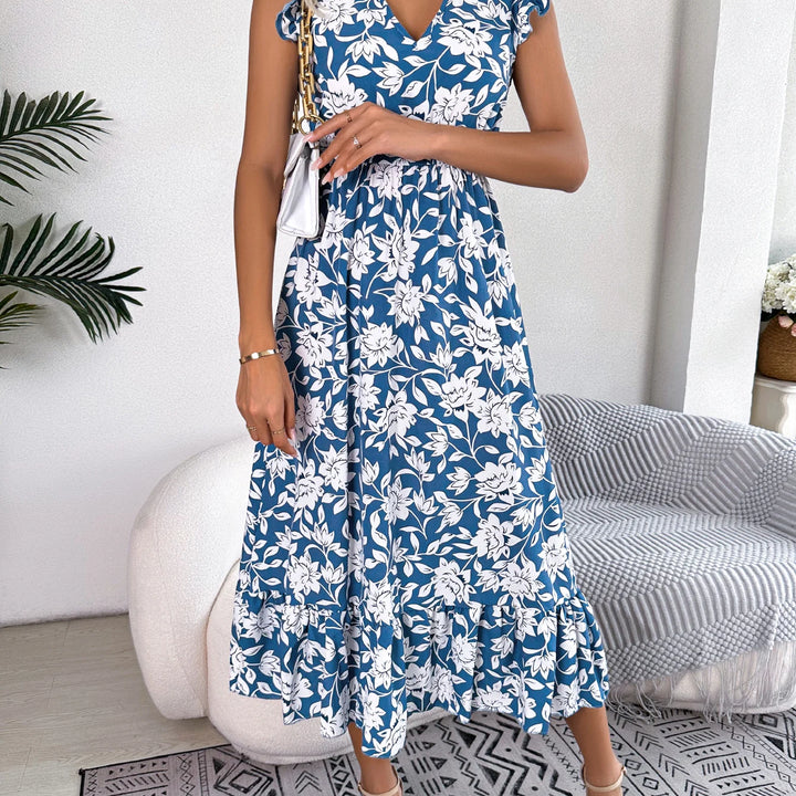 Casual V Neck Floral Print Ruffle Hem Dress