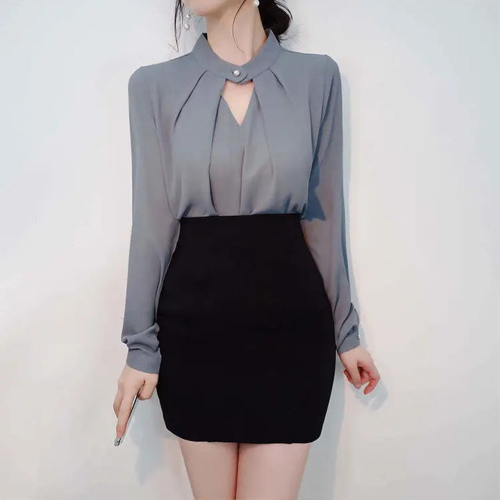 olid Chiffon Blouse - Slim Long Sleeve Hollow Sexy Spring Summer Top