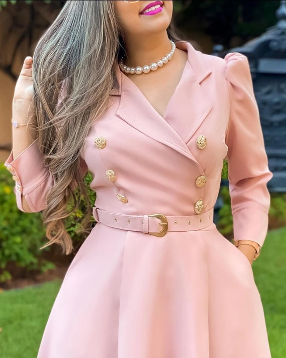 Women's Puff Sleeve Double-Breasted Blazer Midi Dress