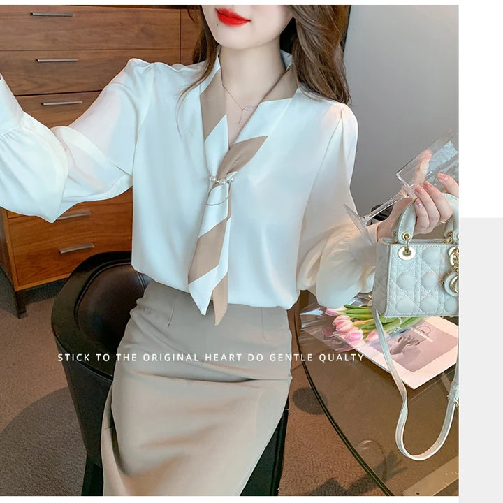 Chiffon Blouse for Women - Elegant Lace-Up V-Neck Long Sleeve Office Top