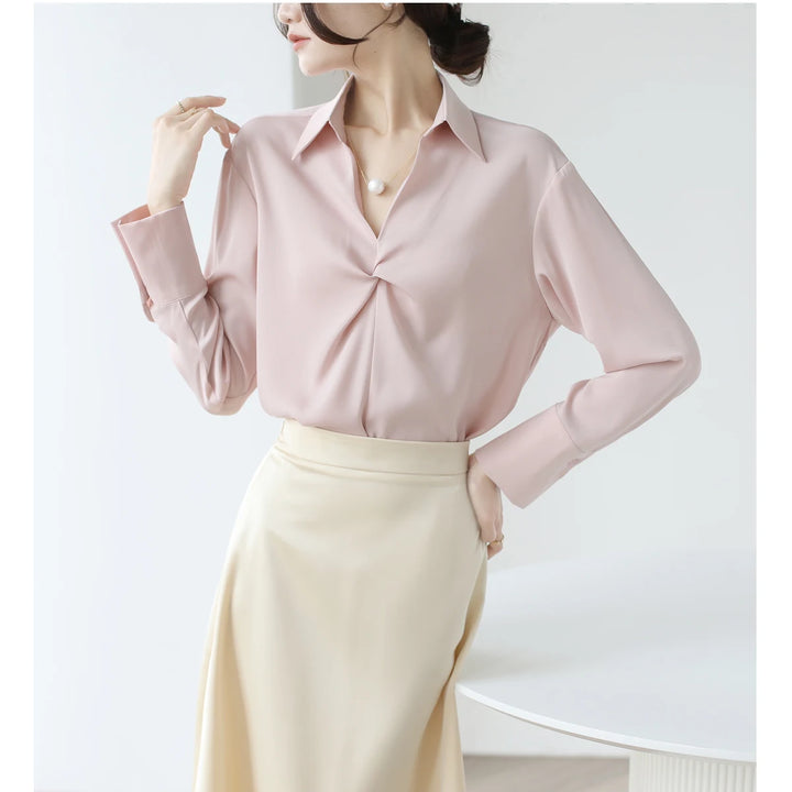 Autumn Casual Turn-Down Collar Blouse - Off-White Chiffon Long Sleeve Shirt