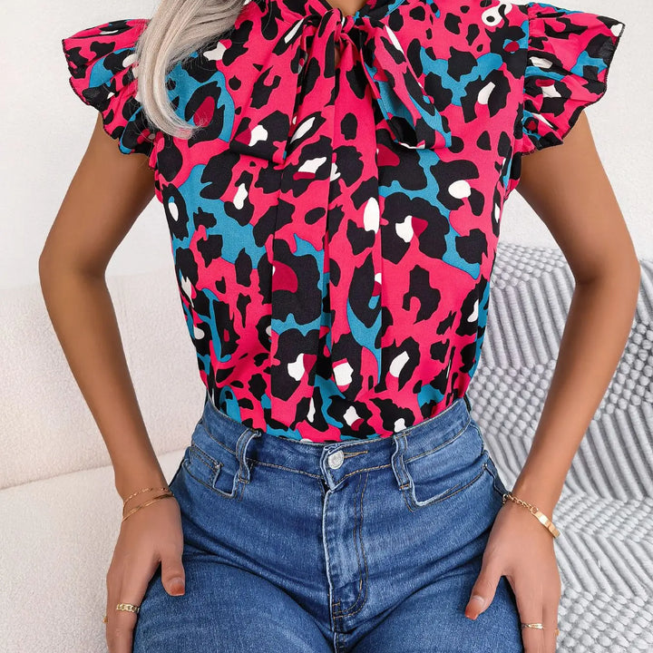 Casual Leopard Print Lace Up Ruffles Chiffon Blouse Women Fashion Summer Bow Tie V neck Top