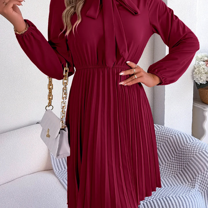 Casual Tie Front Mock Neck Long Sleeve Pleated Dress For Spring & Fall