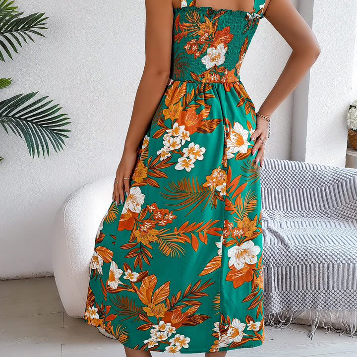 Elegant Square Neck Floral Dress - Waist-Tied Summer Vacation Outfit