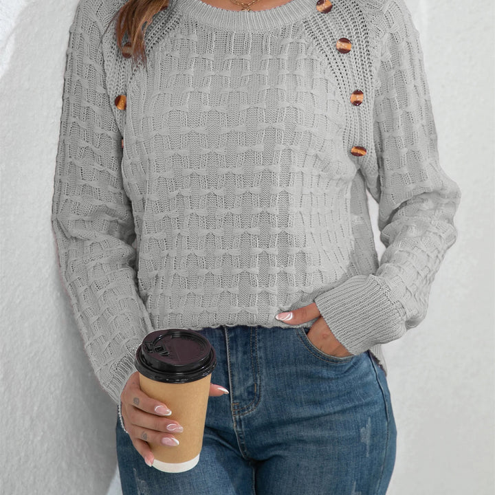 Casual Round Neck Twisted Button Sweater - Long Sleeve Knitted Pullover