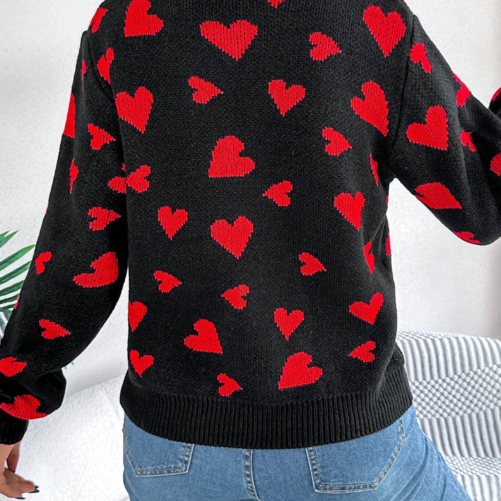 Autumn Winter Love Pattern Knitted Pullover - Round Neck Long Sleeve Sweater