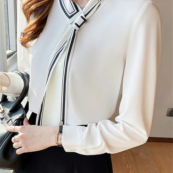 White Chiffon Blouse - Elegant Scarf Collar Long Sleeve Office Top