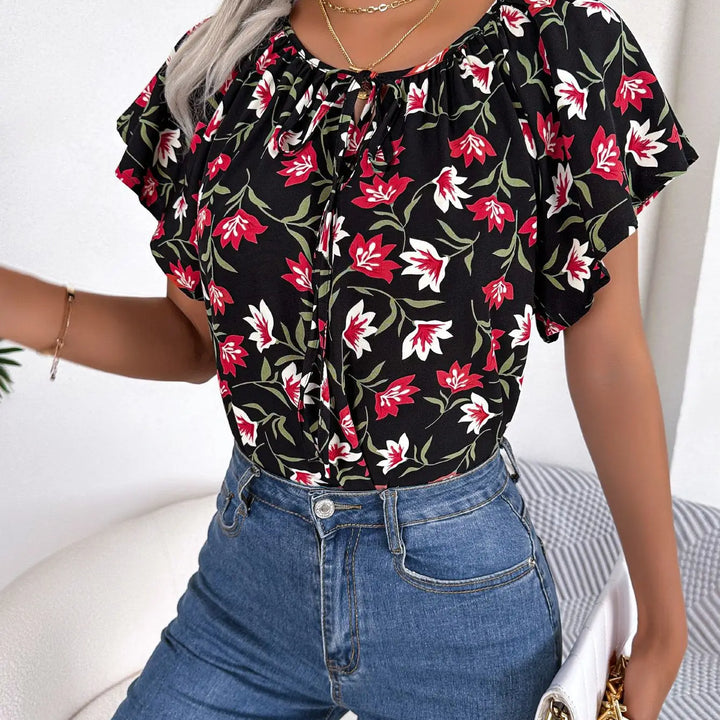 Floral Drawstring Blouse - Casual Crew Neck Short Sleeve Top