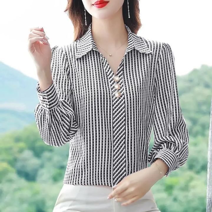 Striped Print Fashion Blouse - Elegant Office Lady Long Sleeve Shirt