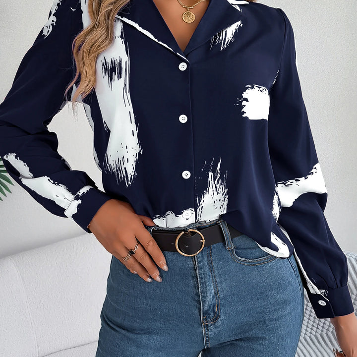 Elegant Long Sleeve Brush Print Button Front Work Office Shirt