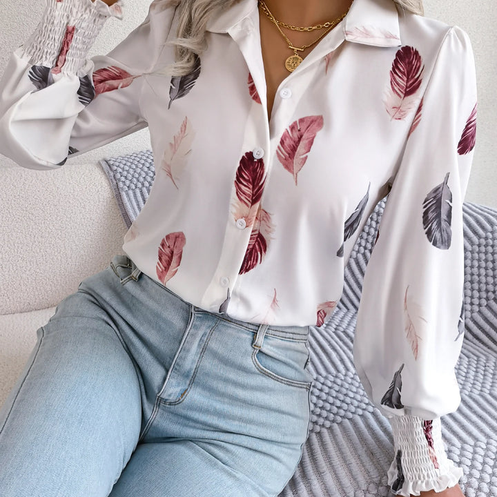 Casual Lantern Sleeve Button Front Turn Down Collar Feather Print Shirt