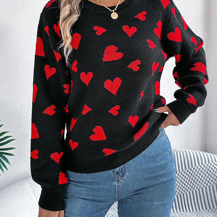 Autumn Winter Love Pattern Knitted Pullover - Round Neck Long Sleeve Sweater