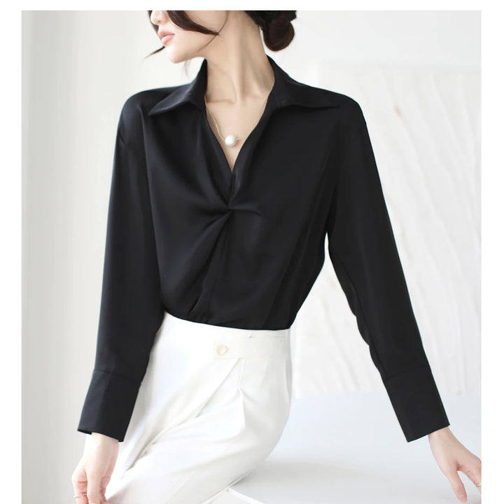 Autumn Casual Turn-Down Collar Blouse - Off-White Chiffon Long Sleeve Shirt