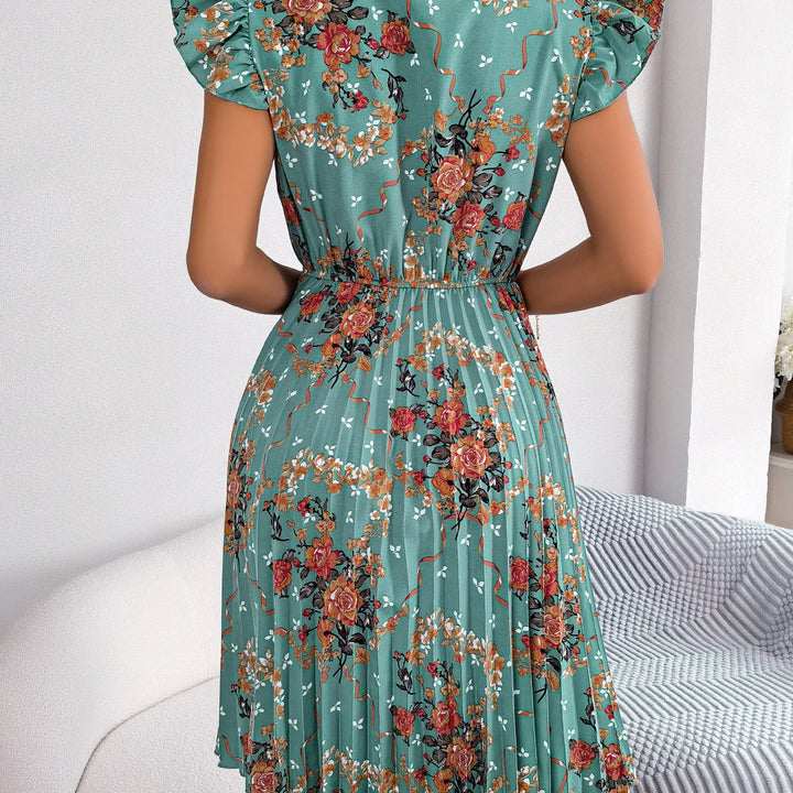 Casual Floral Print Ruffle Trim Slim Waist Pleated Dress