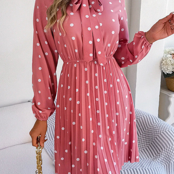 Casual Tie-neck Polka-dot Print Cinched Waist Pleat Dress For Women