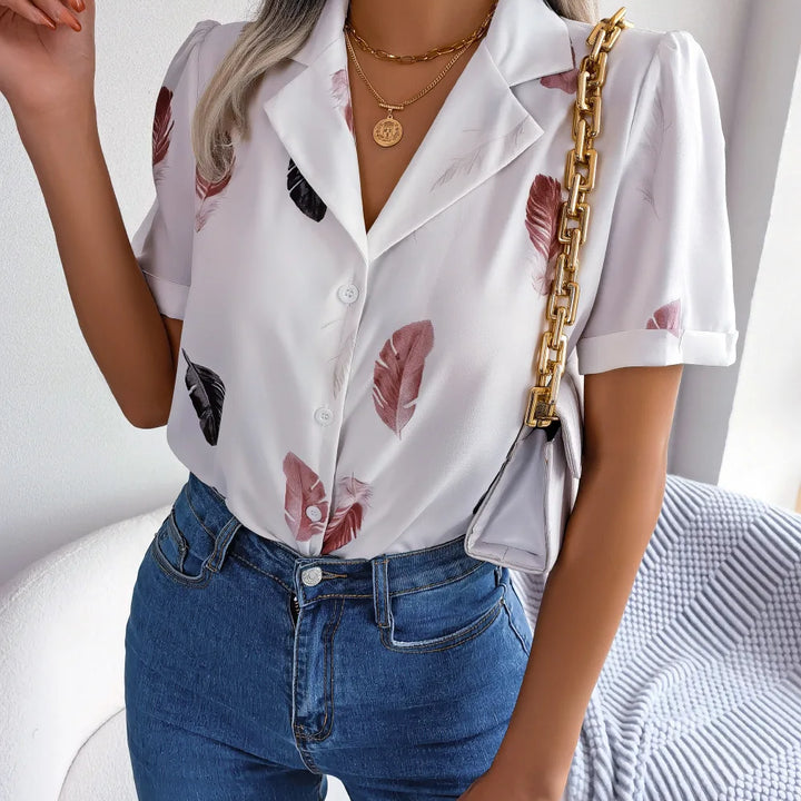 Spring Summer Casual Notched Collar Button Front Feather Printed Short Sleeved Shirt Women Blouse