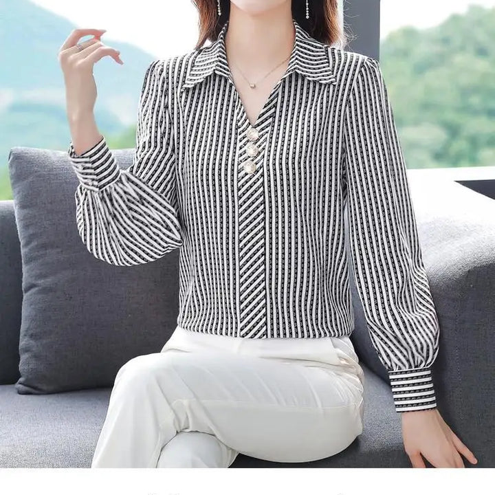 Striped Print Fashion Blouse - Elegant Office Lady Long Sleeve Shirt