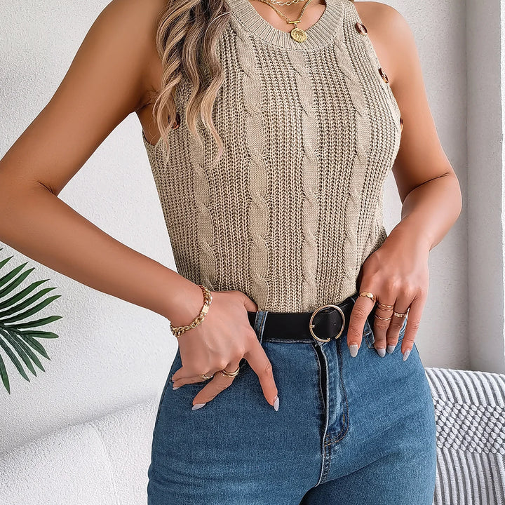 Crew Neck Sleeveless Knitted Top - Button Decor Summer Vacation Vest