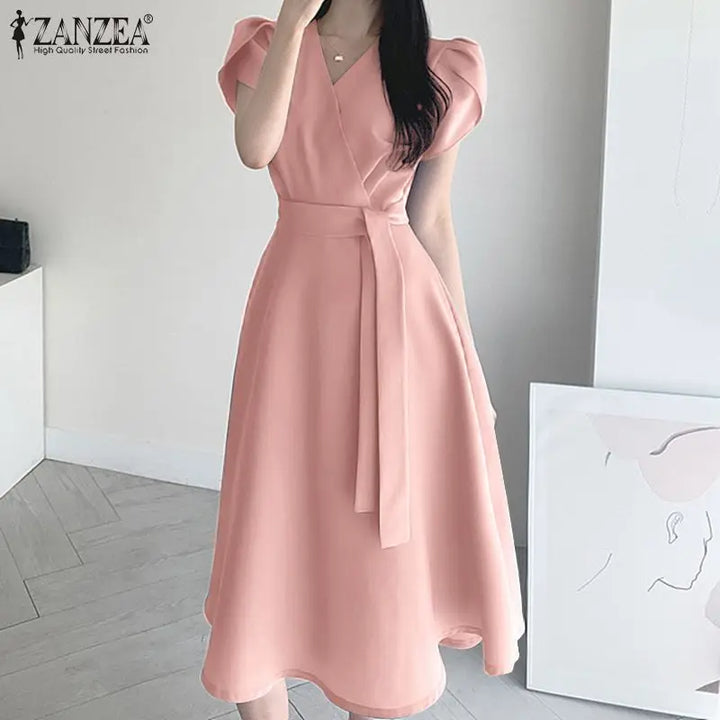 ZANZEA Elegant A-Line Summer Dress - Short Sleeve Casual Work Kaftan