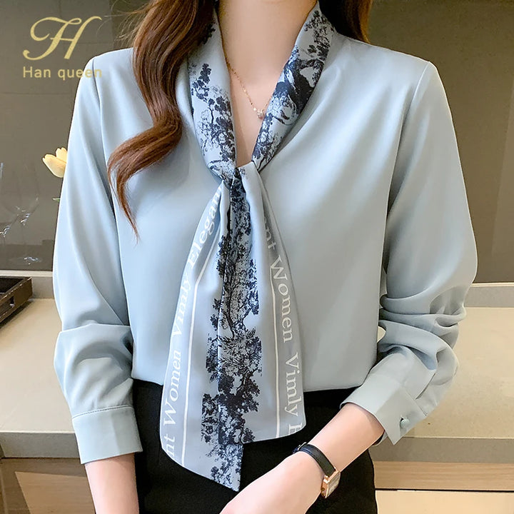 Elegant Autumn Bow Chiffon Blouse - Loose Fit Office Lady Shirt