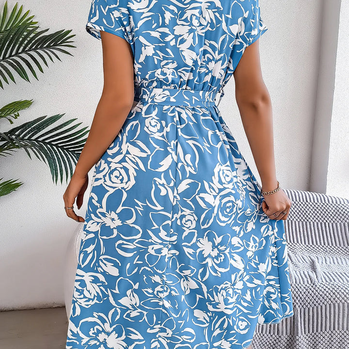 Vacation Style Short Sleeve V Neck Rose Print Button Front Belted Dress