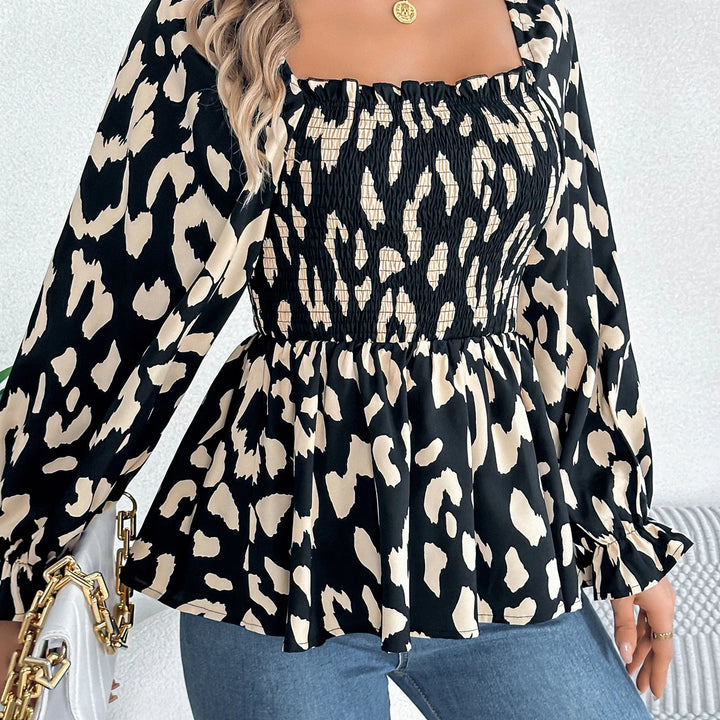 Casual Allover Print Square Neck Shirred Ruffle Hem Blouse