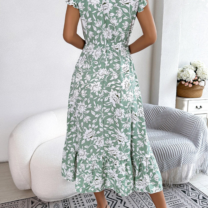 Casual V Neck Floral Print Ruffle Hem Dress