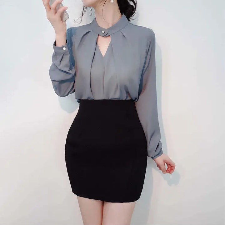 olid Chiffon Blouse - Slim Long Sleeve Hollow Sexy Spring Summer Top