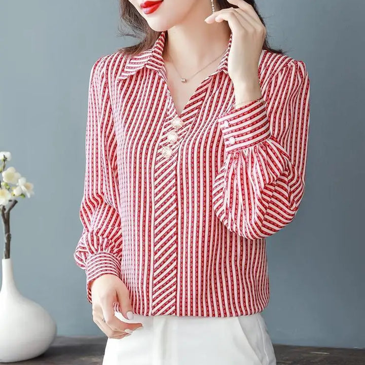 Striped Print Fashion Blouse - Elegant Office Lady Long Sleeve Shirt